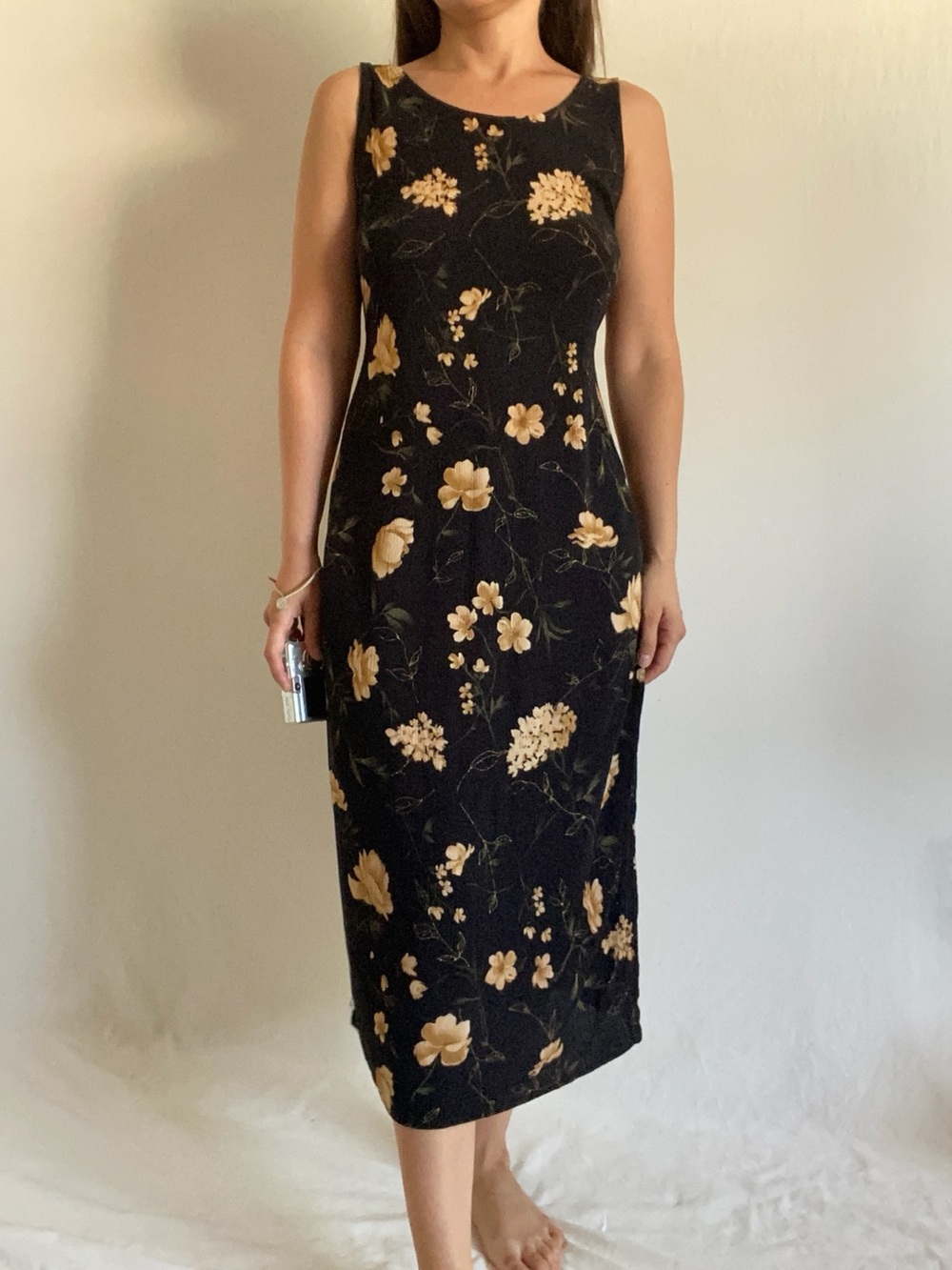Vintage 90s R&K Black Midi Dress with Yellow Floral Print Rayon Sz Small